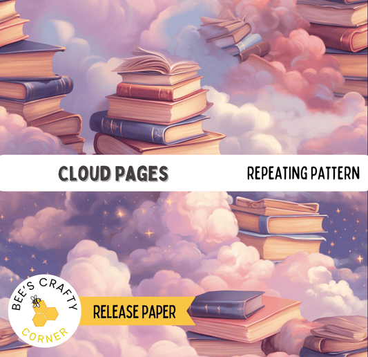 The image is a collage of various books floating in a cloud-filled sky, creating a whimsical and imaginative scene.