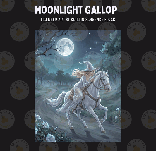 The image is a painting depicting a woman in a white dress riding a white horse through a forest at night.