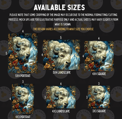 six different sizes of artistic depictions of a white buffalo or bison, each with a unique style and composition. The sizes range from 3 to 6 feet in width, and the images are arranged in a grid format. The text indicates that some cropping may occur during the normal formatting process, and that mock-ups are available for illustrative purposes only and actual sheets may vary slightly from what is shown. The text also mentions that the design varies according to the size chosen by the viewer.