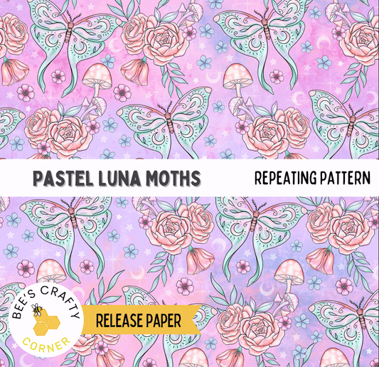 The image is a repeating pattern of pastel-colored butterflies and flowers on a purple background.
