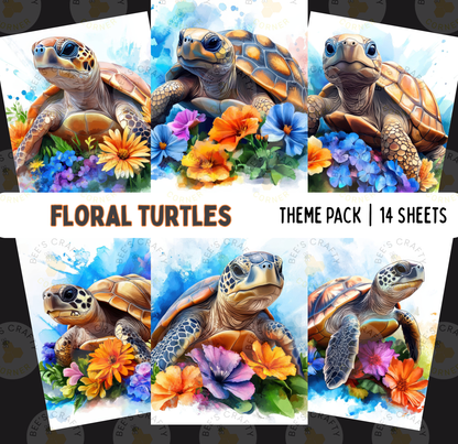 The image is a theme pack of floral turtles, containing 14 sheets of artwork depicting various turtle species surrounded by colorful flowers.