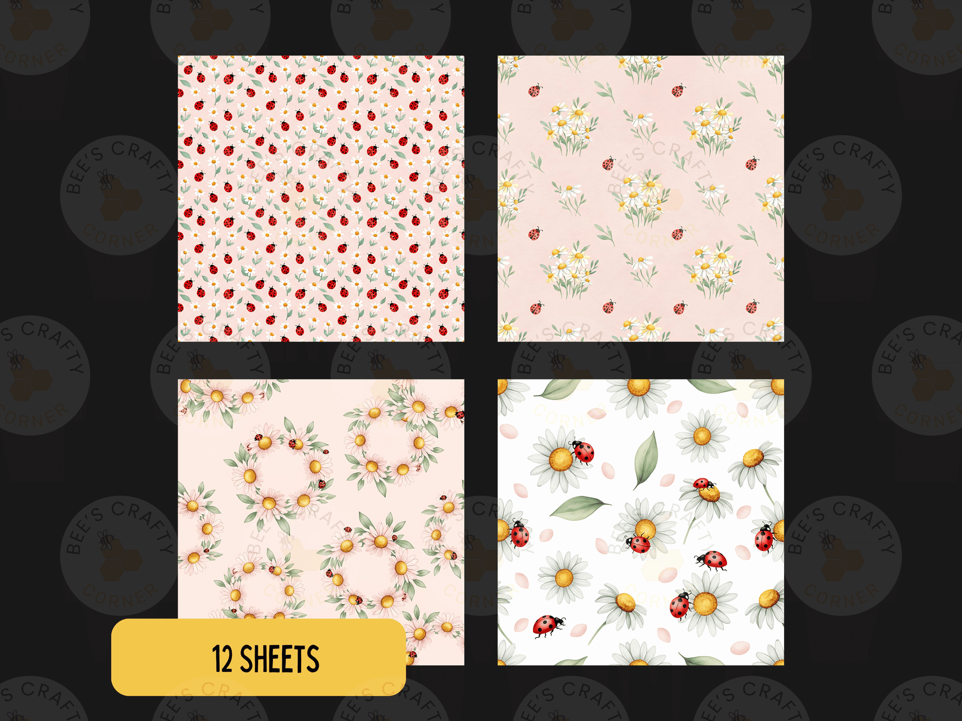 four square images with different floral patterns, including daisies, flowers, and leaves.