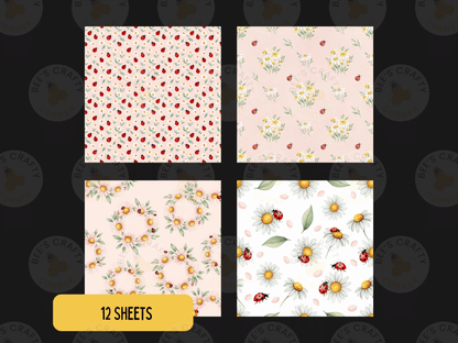 four square images with different floral patterns, including daisies, flowers, and leaves.