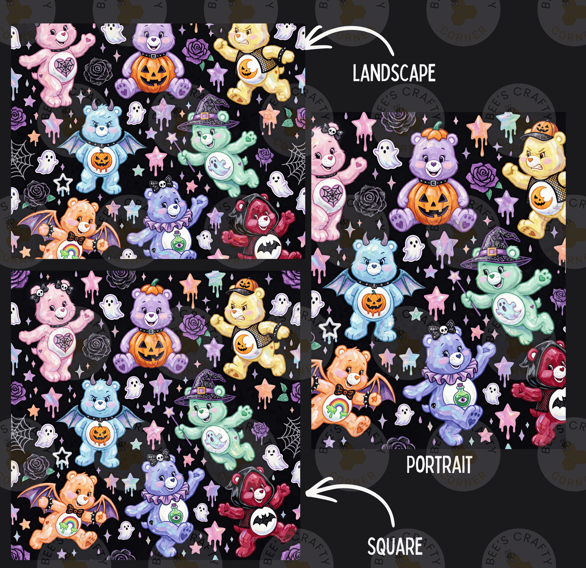 a collage of various images featuring colorful teddy bears and Halloween-themed elements such as bats, pumpkins, and ghostly figures. The images are arranged in a square format, with the landscape and portrait views displayed side by side.