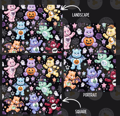 a collage of various images featuring colorful teddy bears and Halloween-themed elements such as bats, pumpkins, and ghostly figures. The images are arranged in a square format, with the landscape and portrait views displayed side by side.
