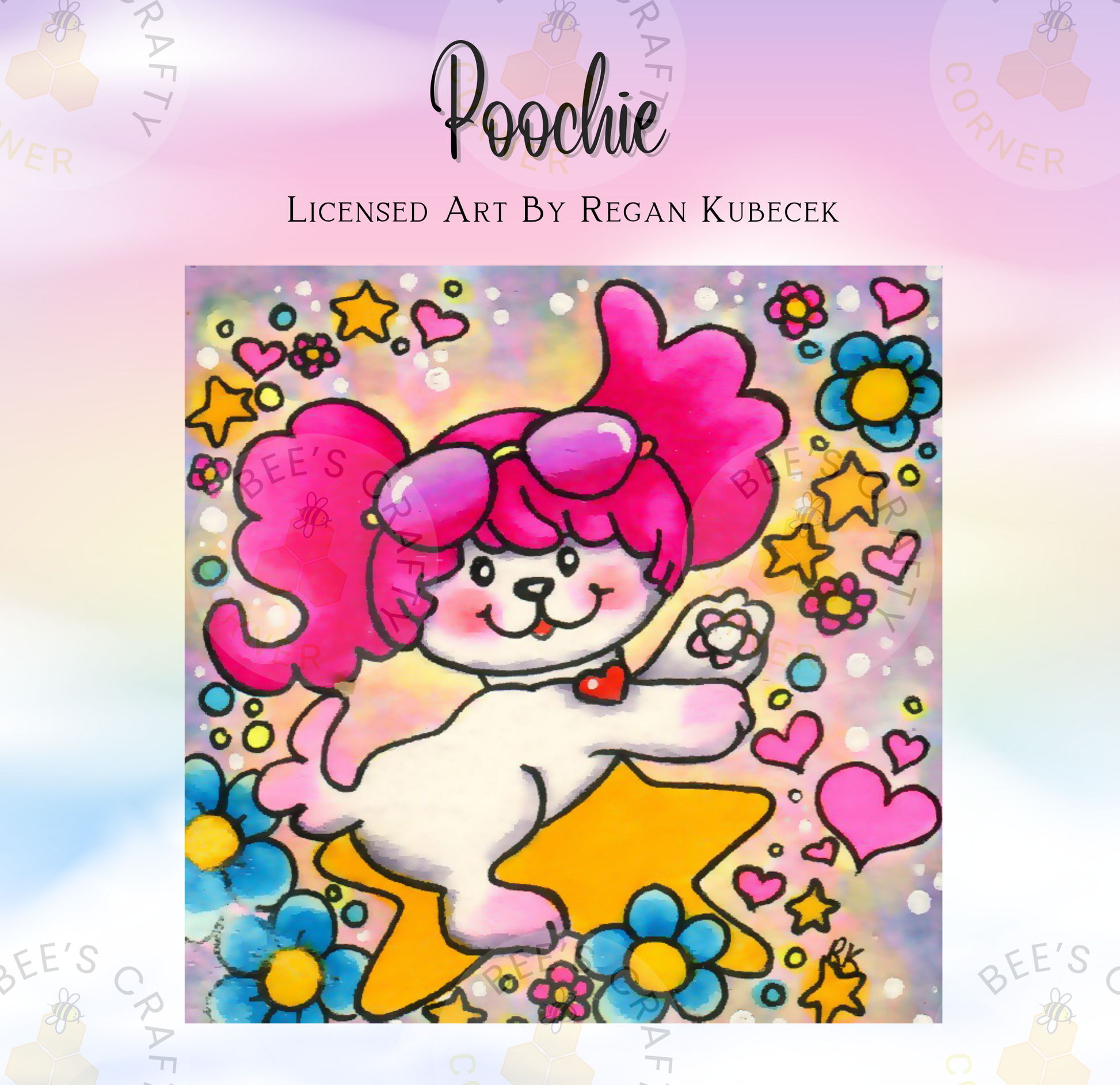 The image is a colorful illustration of a cartoon-style dog character named POOCHIE, surrounded by various whimsical elements such as flowers, stars, and hearts.