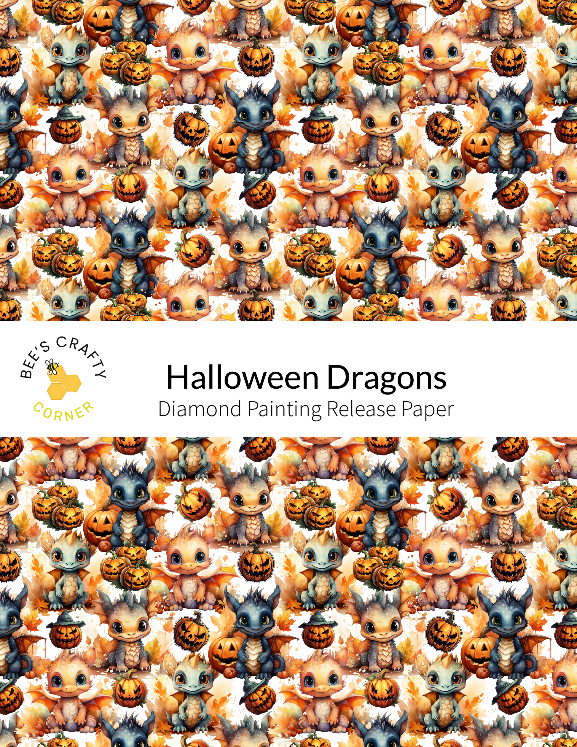 The image is a repeating pattern of various cartoon-like creatures, including small dragons, pumpkins, and other Halloween-themed elements, arranged in a visually appealing and colorful manner.