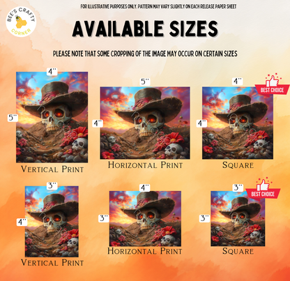 The image is a collage of six images featuring a skull wearing a hat and surrounded by flowers. The images are labeled with their respective sizes, including "Vertical Print", "Horizontal Print", "Vertical Print", "Horizontal Print", "Vertical Print", and "Vertical Print".