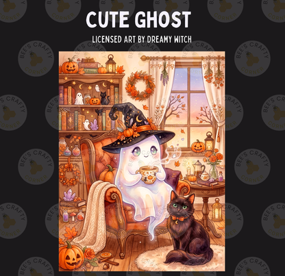 The image is a whimsical illustration depicting a ghost wearing a witch's hat, sitting in a chair and holding a cup, with a black cat sitting next to it. The scene is set in a cozy, autumnal room with various Halloween-themed decorations and objects, such as pumpkins, candles, and books.
