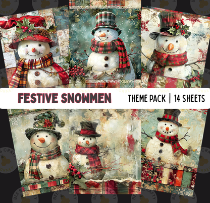 The image is a collage of six pictures featuring festive snowmen, each with different styles and decorations.