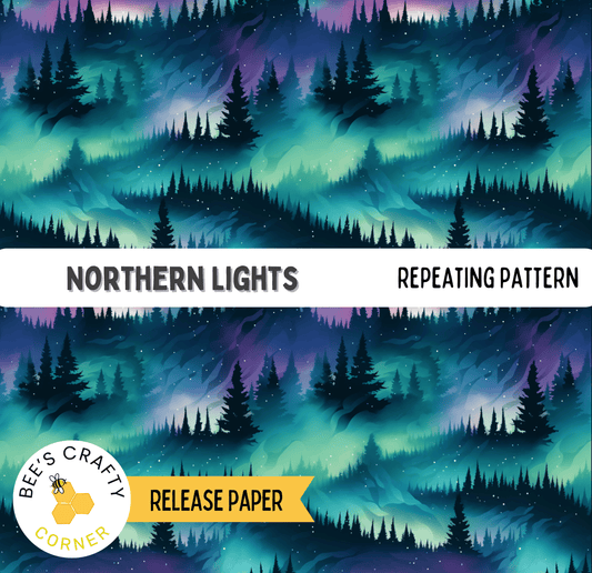 The image is a repeating pattern of a forest landscape with a blue and purple color scheme, resembling the Northern Lights.