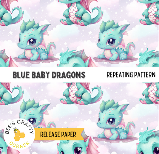 The image is a repeating pattern of blue baby dragons, each with unique features and expressions, creating a visually appealing and whimsical design.