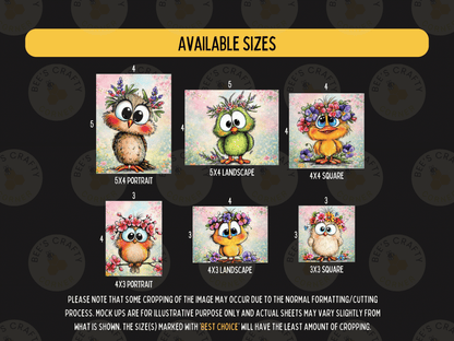 a set of four owls with flowers on their heads