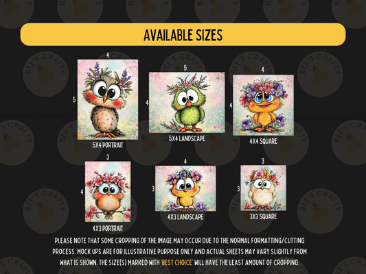 a set of four owls with flowers on their heads