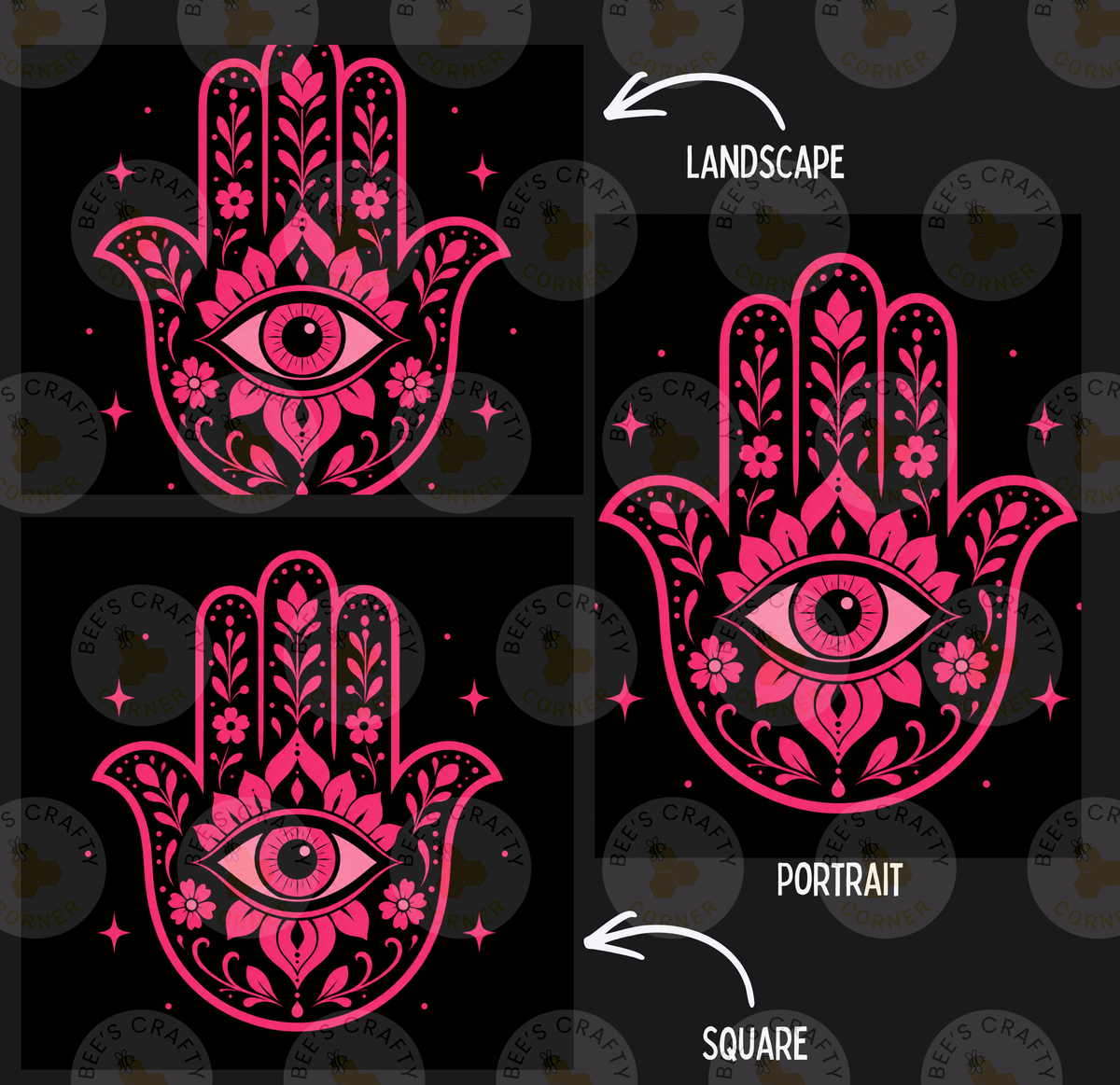 three stylized hand-drawn illustrations of a hamsa hand, each with a unique design and color scheme. The illustrations are labeled as "Landscape", "Portrait", and "Square" to indicate their respective styles.