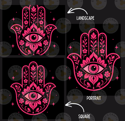 three stylized hand-drawn illustrations of a hamsa hand, each with a unique design and color scheme. The illustrations are labeled as "Landscape", "Portrait", and "Square" to indicate their respective styles.