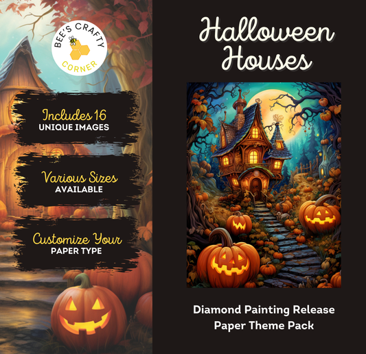 The image is a promotional poster for a Halloween-themed painting kit. It features a spooky illustration of a house with a full moon, jack-o-lanterns, and a path leading up to the house. The poster highlights the kit's unique features, such as the inclusion of 16 images, various sizes, and the option to customize the paper type. It also mentions a diamond painting release and a paper theme pack.