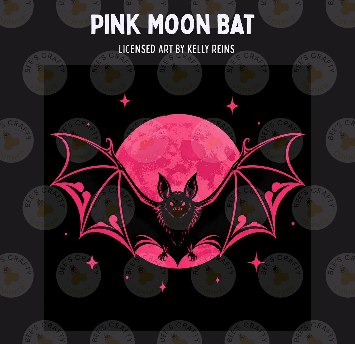 The image is a digital illustration featuring a bat with large wings and a large pink moon in the background.
