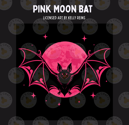 The image is a digital illustration featuring a bat with large wings and a large pink moon in the background.