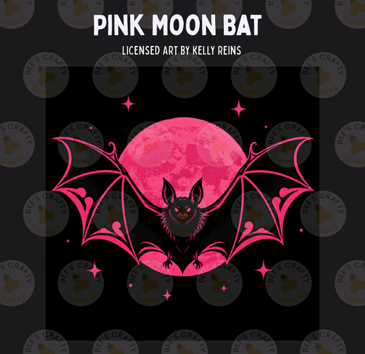 The image is a digital illustration featuring a bat with large wings and a large pink moon in the background.