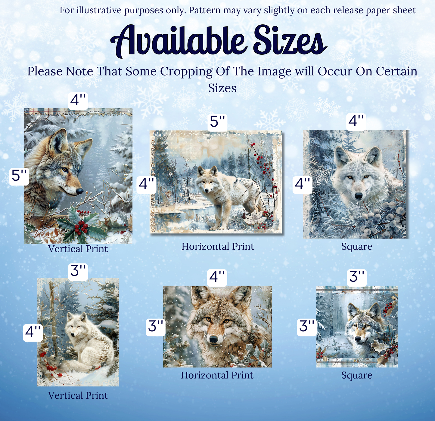 The image is a collection of six different sizes of wolf paintings, each depicting a wolf in a snowy forest setting.