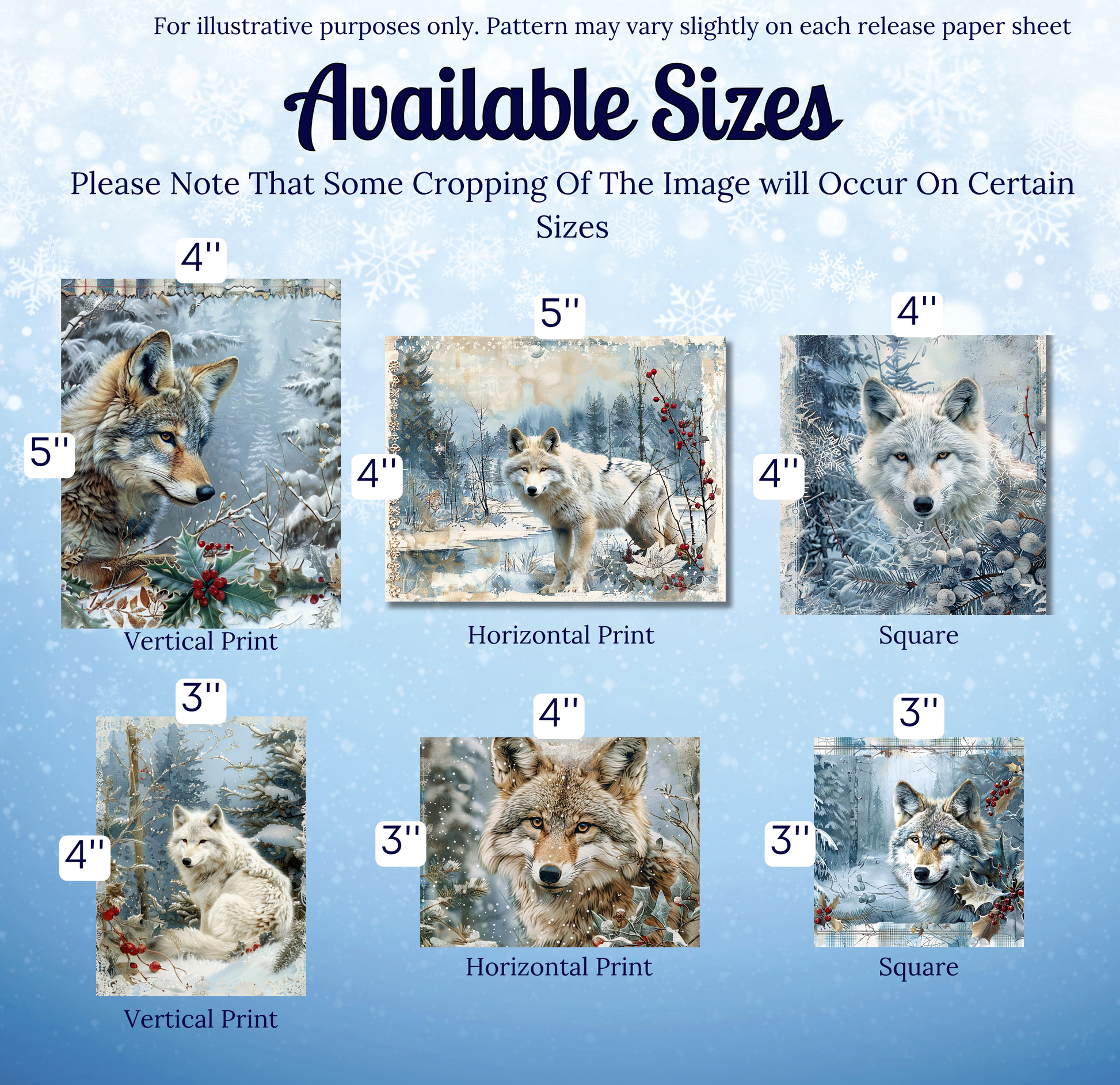 The image is a collection of six different sizes of wolf paintings, each depicting a wolf in a snowy forest setting.