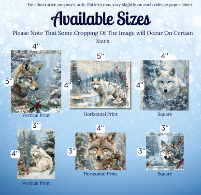 The image is a collection of six different sizes of wolf paintings, each depicting a wolf in a snowy forest setting.