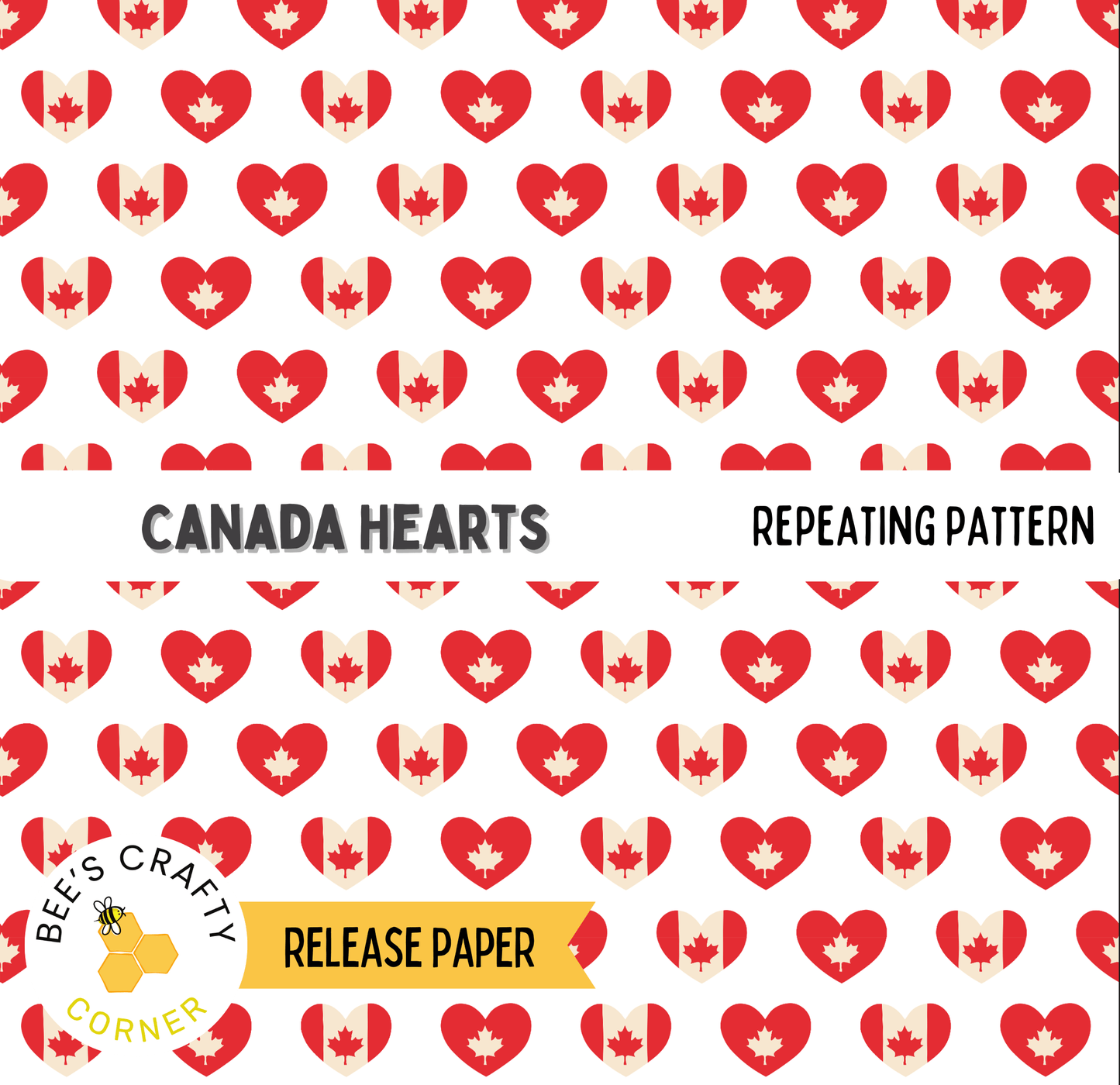 a repeating pattern of red hearts with white maple leaves, creating a visually appealing and cohesive design.