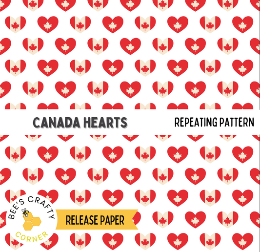 a repeating pattern of red hearts with white maple leaves, creating a visually appealing and cohesive design.