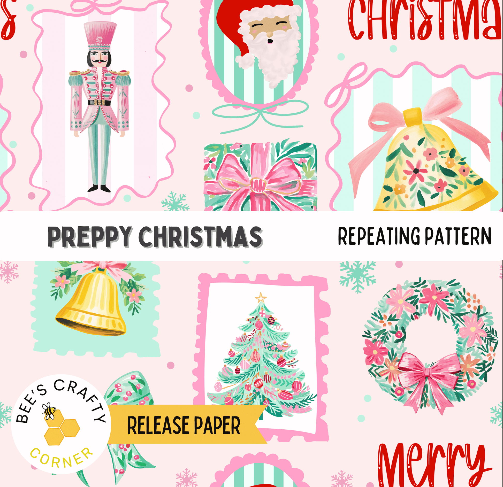The image is a collage of various Christmas-themed illustrations, including a nutcracker, Santa Claus, a bell, a wreath, and a tree. The collage features a repeating pattern of these elements, creating a festive and holiday-inspired design.