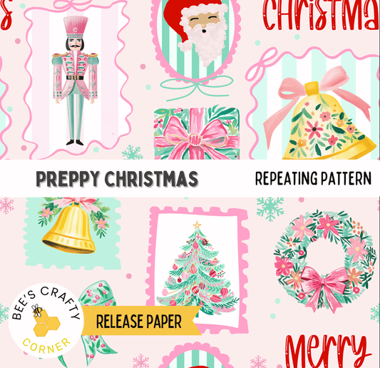 The image is a collage of various Christmas-themed illustrations, including a nutcracker, Santa Claus, a bell, a wreath, and a tree. The collage features a repeating pattern of these elements, creating a festive and holiday-inspired design.