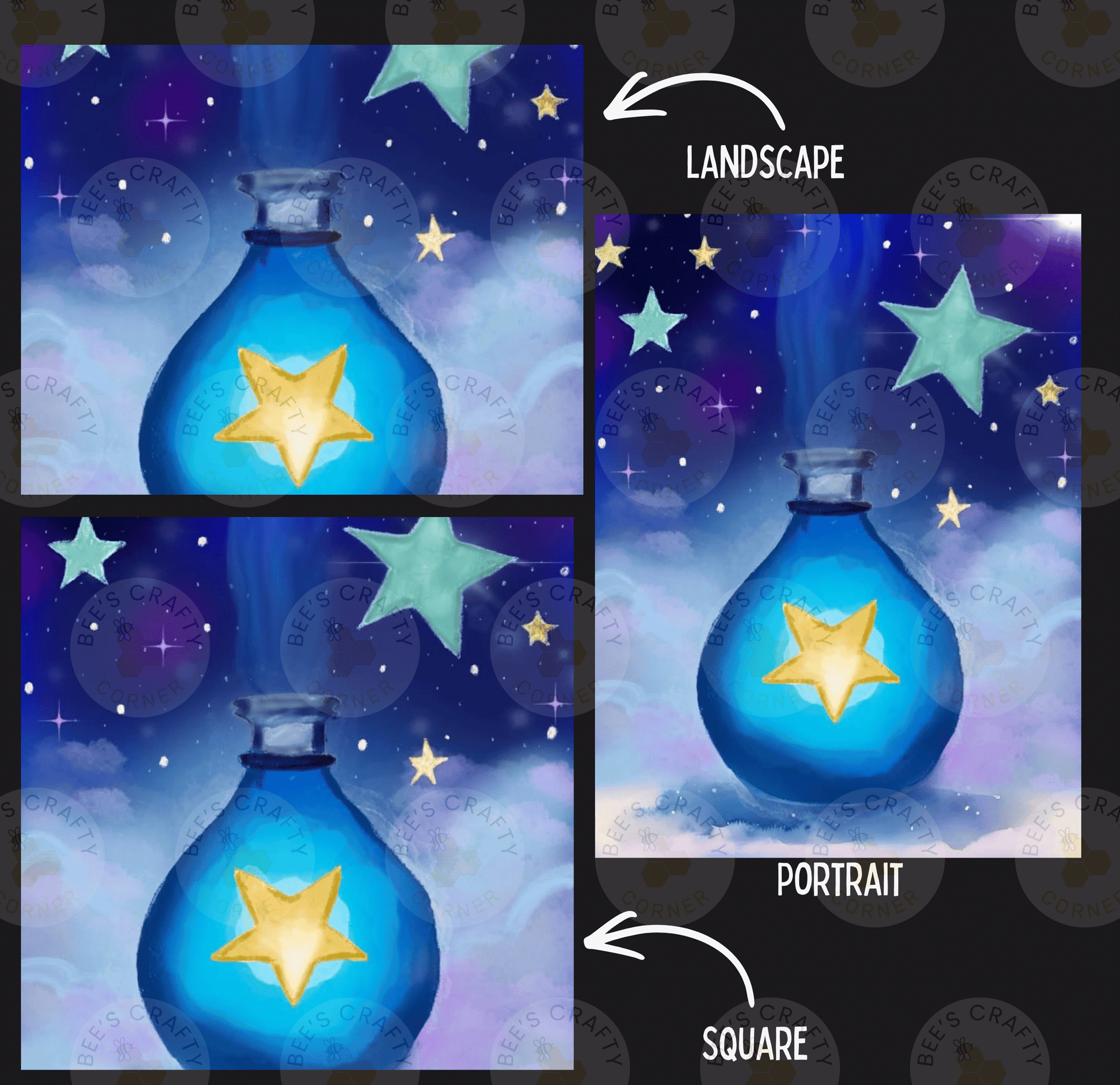 The image is a collage of three pictures depicting a blue bottle with a yellow star on it, set against a night sky with stars and clouds. The first image shows the bottle with the star, the second image shows the bottle with the star, and the third image shows the bottle with the star. The image is labeled "LANDscape" and "PORTRAIT" to indicate the different artistic styles used.