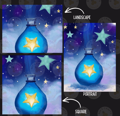 The image is a collage of three pictures depicting a blue bottle with a yellow star on it, set against a night sky with stars and clouds. The first image shows the bottle with the star, the second image shows the bottle with the star, and the third image shows the bottle with the star. The image is labeled "LANDscape" and "PORTRAIT" to indicate the different artistic styles used.