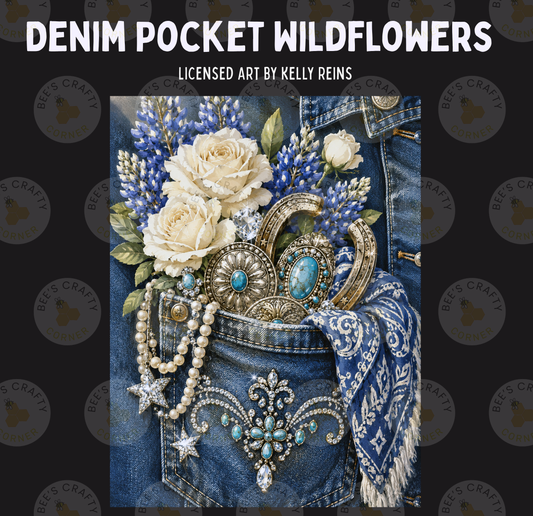 The image is a collage featuring a denim pocket adorned with various decorative elements, including white roses, pearls, and ornate jewelry.