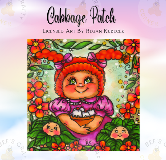 The image is a vibrant and colorful illustration of a young girl with red hair, wearing a pink dress and surrounded by flowers and leaves.