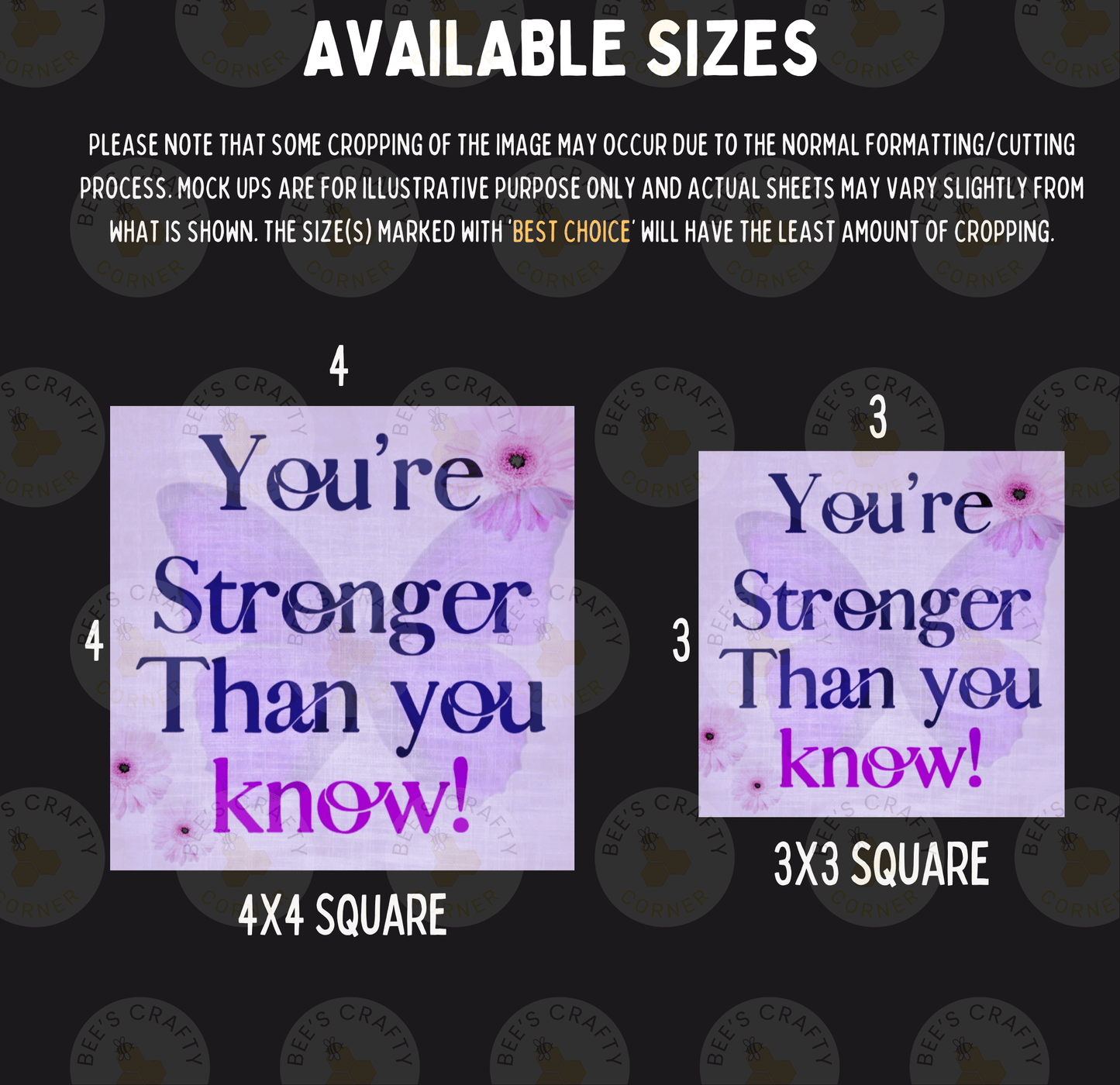 two identical images with the text "You're Stronger Than You Know!" printed on them. The images are available in different sizes, with one being 4x4 square and the other being 3x3 square. The text on the images is a motivational message, encouraging people to be stronger than they know.