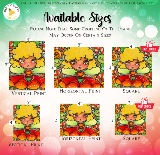 The image is a collage of six different sizes of illustrations featuring a blonde girl with a flower design. The illustrations are arranged in a grid format, with each size represented by a different image. The sizes include "4" and "5" in the top row, "4" and "5" in the middle row, and "4" and "5" in the bottom row. The illustrations are labeled with the corresponding size, and there is a note that some cropping of the image may occur on certain sizes.