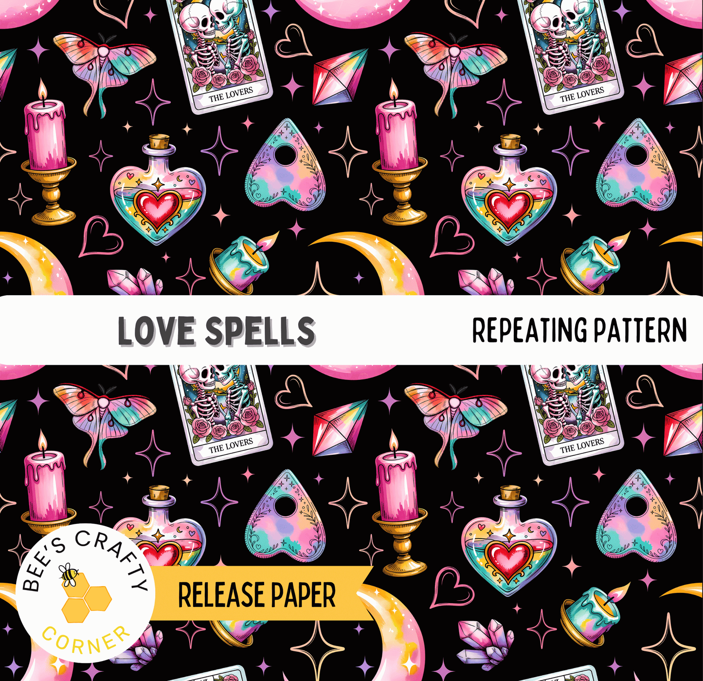 The image is a repeating pattern of various colorful and mystical objects, including candles, tarot cards, crystals, and other mystical symbols, all set against a black background.