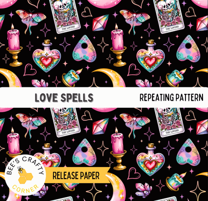 The image is a repeating pattern of various colorful and mystical objects, including candles, tarot cards, crystals, and other mystical symbols, all set against a black background.