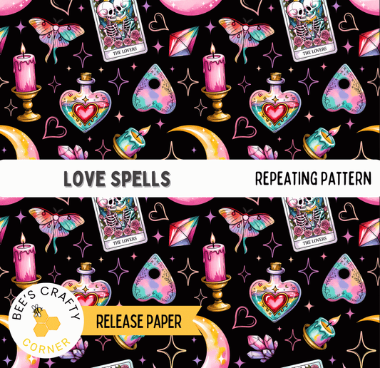 The image is a repeating pattern of various colorful and mystical objects, including candles, tarot cards, crystals, and other mystical symbols, all set against a black background.