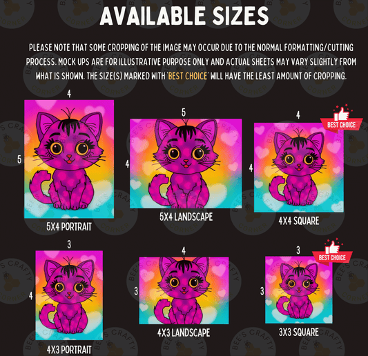 six different sizes of illustrations of a pink cat, each with varying cropping and framing. The sizes range from 5x4 portrait to 4x3 landscape, and 3x3 square. The illustrations are designed to be used as a template for creating a similar image, with the sizes providing different options for cropping and framing the final artwork.