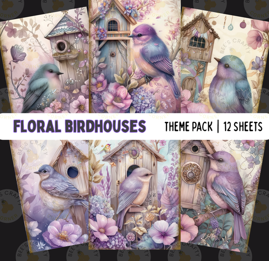 The image is a theme pack for floral birdhouses, containing 12 sheets of illustrations depicting various birdhouses and birds in a garden setting.
