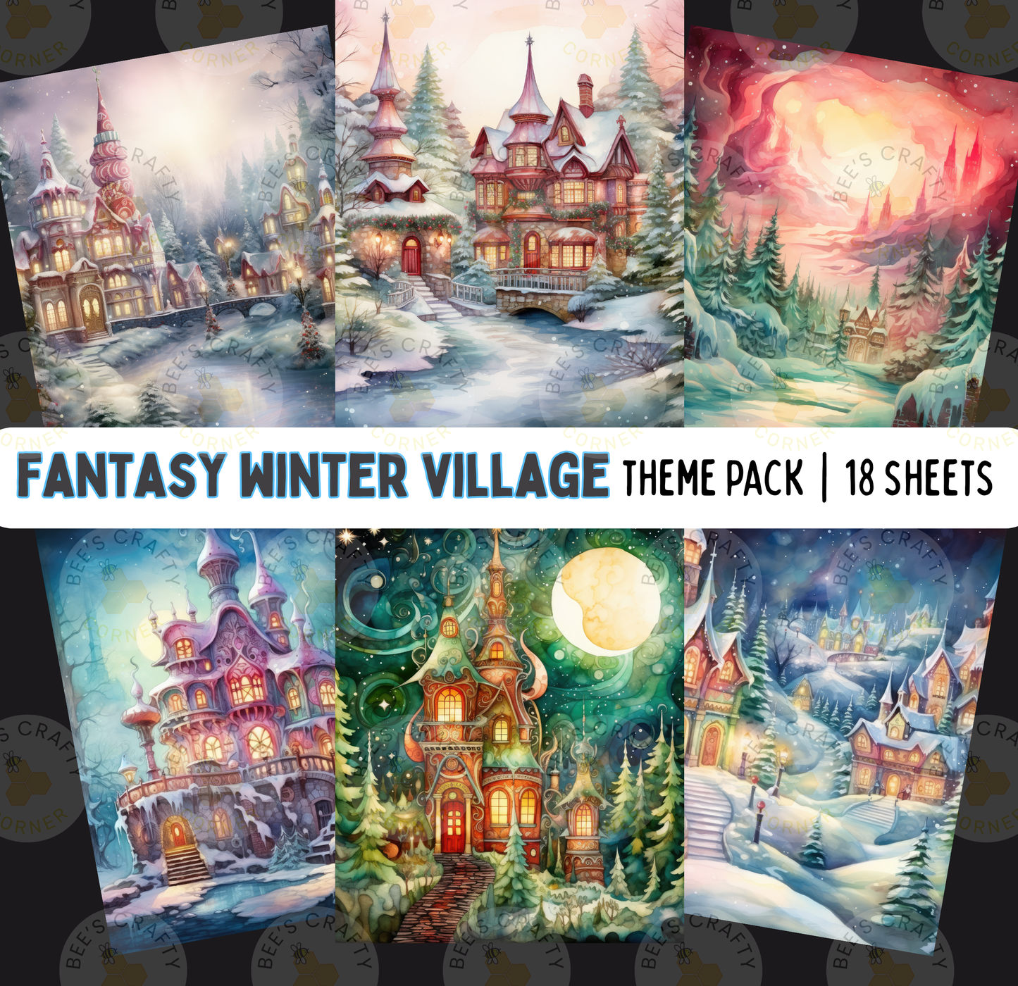 The image is a collage of six fantasy winter village scenes, each featuring a unique castle-like structure and snowy landscape.