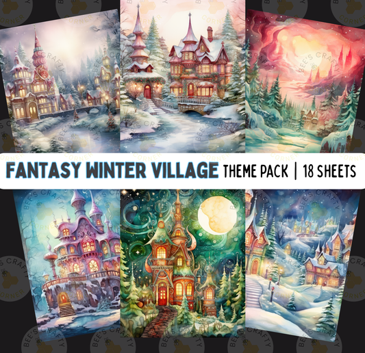 The image is a collage of six fantasy winter village scenes, each featuring a unique castle-like structure and snowy landscape.