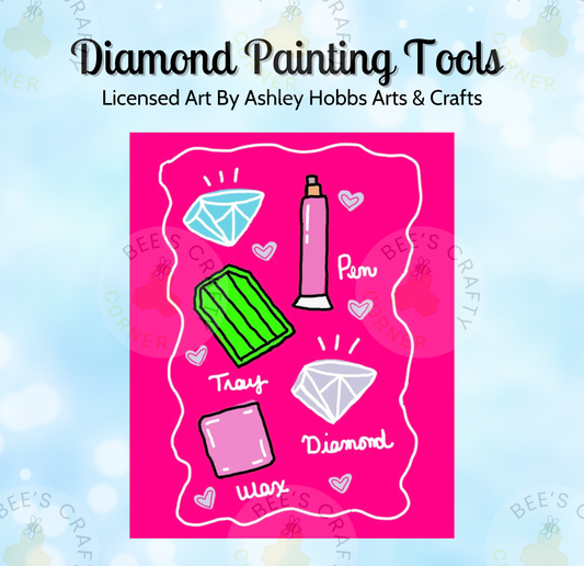 The image is a vibrant illustration featuring various diamond-shaped objects, including a diamond-shaped gemstone, a tube of paint, and a diamond-shaped object. The background is a bright pink color, and the objects are arranged in a playful manner.
