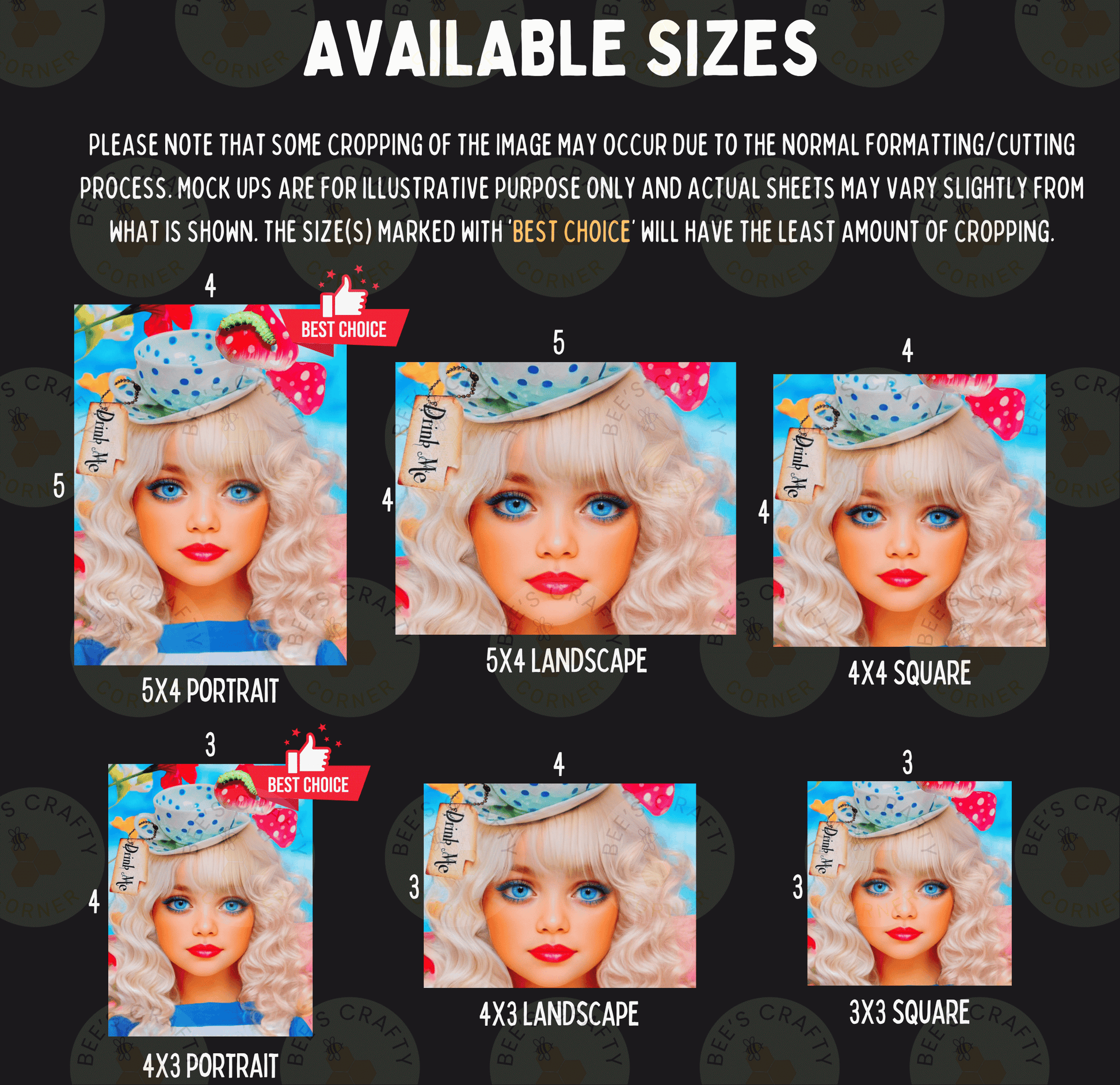 a collection of five different portrait sizes, each featuring a blonde woman with blue eyes and a pink hat. The sizes are labeled from 3x3 to 4x4, and the caption indicates that the cropping of the image may occur due to the normal formatting process, and mock-ups are for illustrative purposes only. The sizes are marked with "Best Choice" and "5x4" to indicate the preferred size.