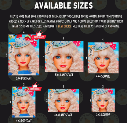 a collection of five different portrait sizes, each featuring a blonde woman with blue eyes and a pink hat. The sizes are labeled from 3x3 to 4x4, and the caption indicates that the cropping of the image may occur due to the normal formatting process, and mock-ups are for illustrative purposes only. The sizes are marked with "Best Choice" and "5x4" to indicate the preferred size.