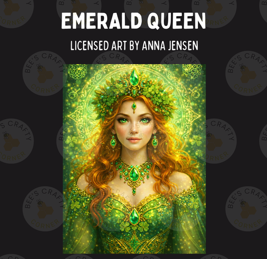 The image is a digital illustration of a woman with long, red hair wearing an ornate, green dress with a crown-like headpiece.