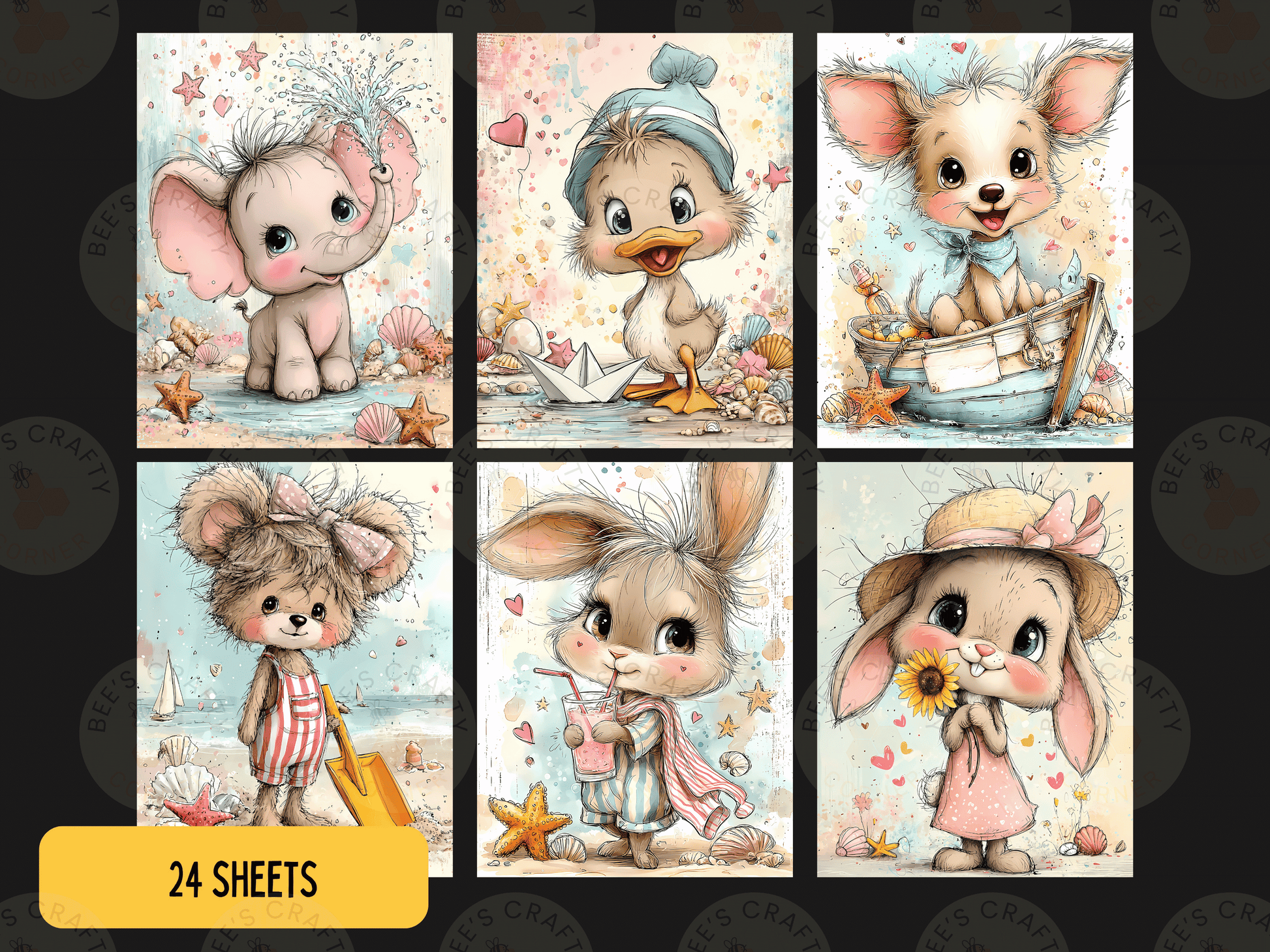 The image is a collage of six cute animal illustrations, each featuring a different animal and a unique background. The animals include a dog, a cat, a bird, a rabbit, a mouse, and a duck. The background depicts various elements such as a boat, a beach, and a sunset. The collage is composed of 24 individual images, each contributing to the overall charm and appeal of the final composition.