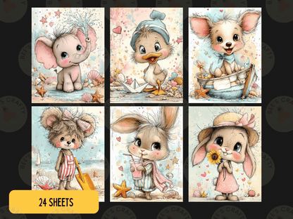 The image is a collage of six cute animal illustrations, each featuring a different animal and a unique background. The animals include a dog, a cat, a bird, a rabbit, a mouse, and a duck. The background depicts various elements such as a boat, a beach, and a sunset. The collage is composed of 24 individual images, each contributing to the overall charm and appeal of the final composition.